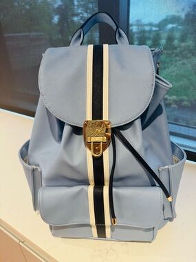 Court Couture Leathered Light Blue Women's Backpack with Navy & Cream Stripe